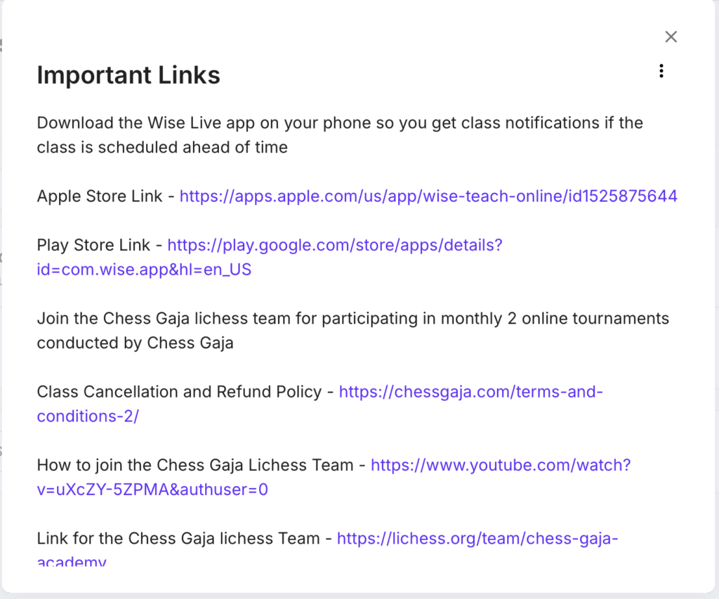 A list of important links including app store links, chess tournaments, class cancellation policies, and educational resources.
